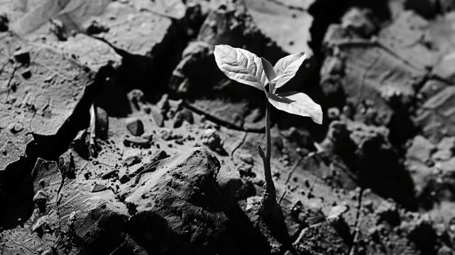 A single seedling sprouts through a crack in a dark, broken surface, symbolizing the resilience and power of life to thrive even in adverse conditions.