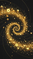 Abstract spiral of golden treasures and glitter, in gold and black, a luxury background representing wealth and the universe