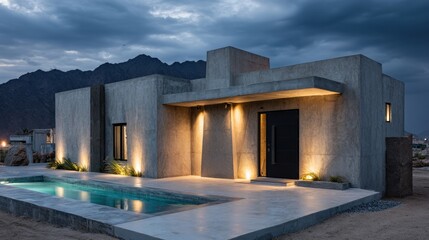 Obraz premium Modern house with pool at dusk