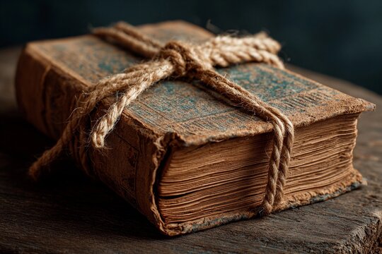 An old, worn book tied with natural rope is placed on a rustic wooden surface. The cover shows signs of age, with faded colors and frayed edges, creating a vintage atmosphere