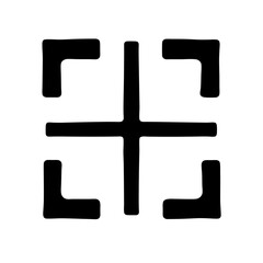 Bold black and white abstract geometric symbol with cross and corner elements