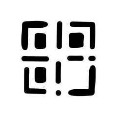 Abstract black and white graphic pattern with geometric shapes resembling ancient symbols