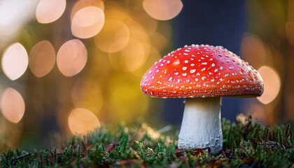 fly agaric mushroom in forest with bokehs