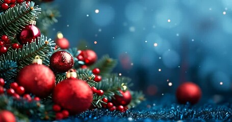 Closeup of red christmas baubles and fir tree branches with bokeh lights in the background, evoking a festive holiday mood 4k video - Powered by Adobe