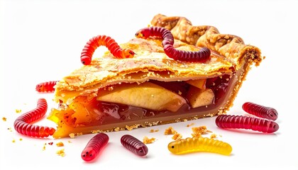 Slice of apple pie with glossy filling and golden crust, topped and surrounded by colorful gummy worms.