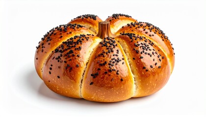 Round loaf of golden-brown bread with deep radial cuts and black sesame seeds, artisanal and decorative.
