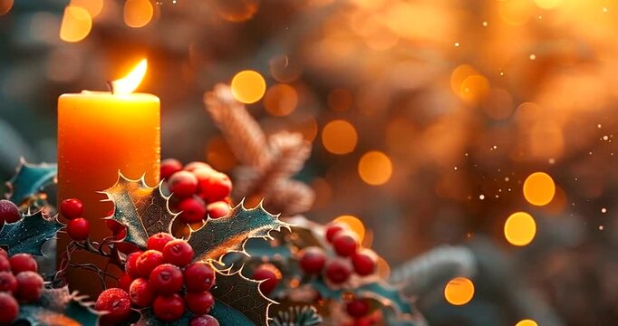 A single lit candle surrounded by holly berries and pine branches, with soft, warm bokeh lights creating a magical and serene christmas atmosphere 4k video