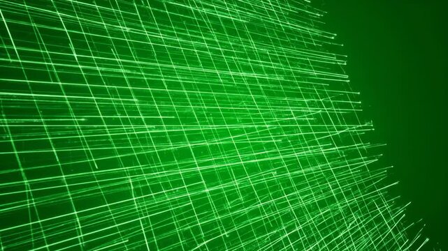 Dynamic moving grid lines rapidly traversing across a deep green screen, symbolizing digital data flow abstract, technology background, deep green screen