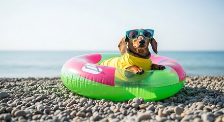 Cute Dachshund Dog Wearing Sunglasses Relaxing In Inflatable Ring On Beach
