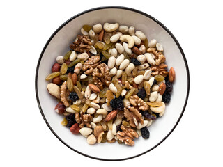 Healthy eating. Different types of nuts and raisins in a white plate.