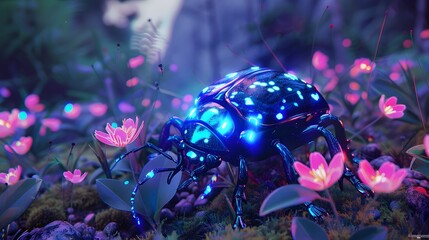 High-tech bioluminescent insect shining in the darkness of a futuristic forest scene, symbolizing the fusion of nature and innovation