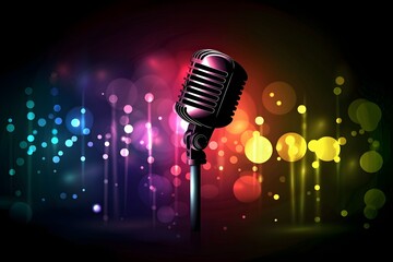 Retro vintage microphone with blurred bokeh stage lights in background, classic music concert and performance concept