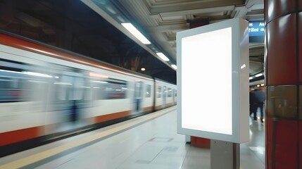 Empty white advertising billboard in subway tunnel with motion blur and vibrant lights, perfect for mockup design