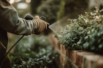 Focused gardener spraying plants along brick wall, green and earthy tones, outdoor gardening activity.