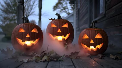 Halloween: Three glowing jack-o'-lanterns on a foggy autumn porch with warm candlelight, creating a spooky and creepy evening atmosphere. - Powered by Adobe