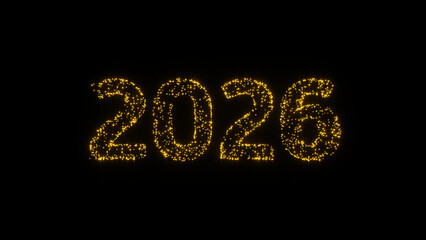 Glowing golden 2026 numerals illuminate a dark background, sparkling with glitter and light to evoke festive new year celebrations, luxury, hope and a bright future. 3d rendering