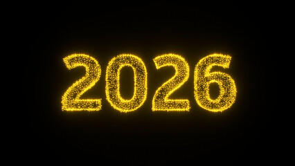 Golden glowing 2026 formed from sparkling particles on a dark background, symbolizing new beginnings, celebration, prosperity and the bright promise of the upcoming year. 3d rendering