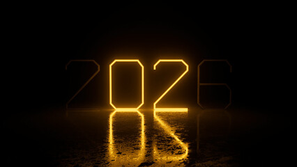 Glowing orange neon 2026 with vibrant reflection on a dark wet surface, futuristic and digital new year concept blending technology, celebration, and illuminated modern design. 3d rendering