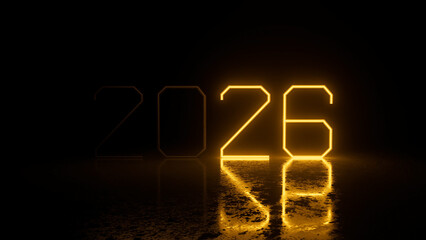 Year 2026 numbers appearing in bright orange neon light, creating a strong contrast against the dark background and reflecting on a wet, textured surface, representing future and transition
