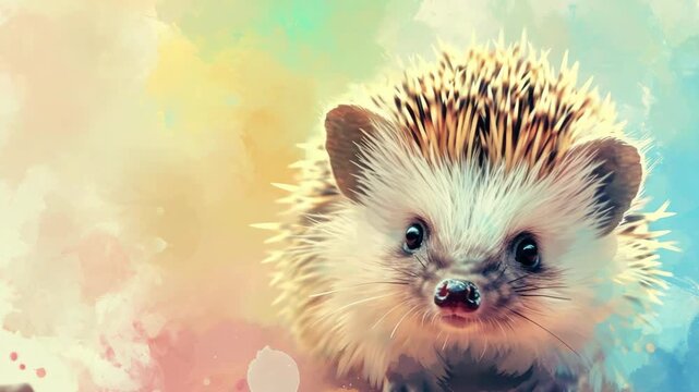 A cute and fuzzy hedgehog looking directly at the camera with a colorful background.