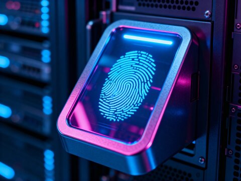 Close-up of a high-tech biometric fingerprint scanner glowing blue and pink, securing data center server equipment.