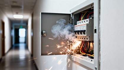 Electrical short circuit causing intense sparks and smoke inside an open circuit breaker panel located in a hallway.