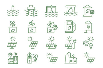 Eco-friendly icons representing renewable energy solutions and sustainable practices for a cleaner future