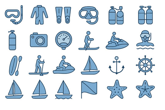 Diverse collection of diving and water sports icons showcasing essential equipment and activities for aquatic adventures