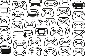 Various gaming controllers and devices displayed in a repeating pattern suitable for tech enthusiasts