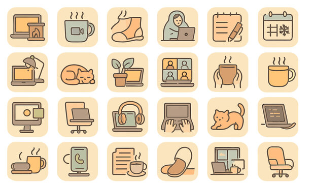 Cozy workspace illustrations featuring home office elements and daily activities for remote life - Powered by Adobe