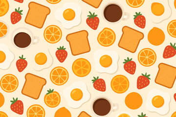 Colorful breakfast pattern with oranges, strawberries, eggs, toast, and coffee on a light background