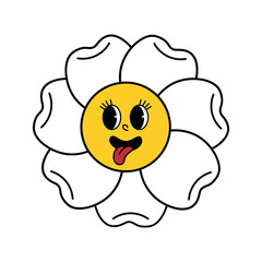 Fototapeta premium Groovy retro flower face with a yellow center, white wavy petals, and playful tongue-out expression in 70s vintage style