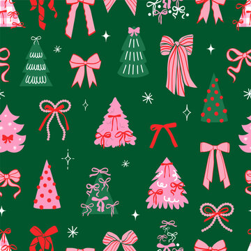 Coquette Christmas tree seamless pattern. Red and green festive cute background. Hand drawn doodle.