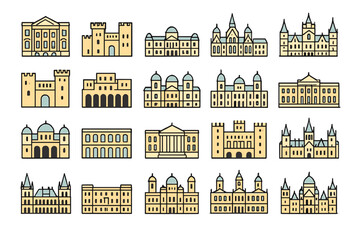 Different styles of historic buildings and architecture illustrated with simple designs and colors