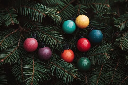 Bright multicolored bulbs nestled among evergreen branches create a festive atmosphere, symbolizing the joy and warmth of the New Year and Christmas celebrations