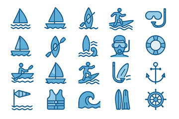 Various water sports icons featuring surfing, sailing, and kayaking represented in a clean design