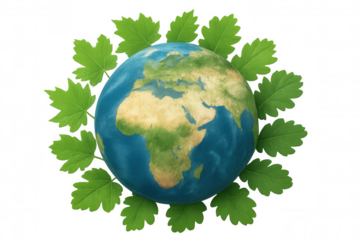 Earth planet with fresh green leaves encircling it, depicting global environmental sustainability and ecology. Transparent background