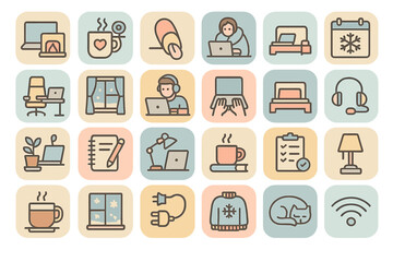 Digital workspace setup series showcasing essential items for remote work and productivity at home during winter