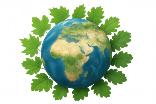 Earth planet with fresh green leaves encircling it, depicting global environmental sustainability and ecology. Transparent background