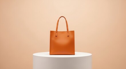 A stylish orange leather tote bag with braided handles, presented on a white pedestal against a soft peach background, exuding elegance and modern fashion