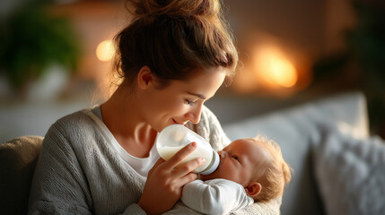 Mother feeding her newborn baby with bottle on sofa at home, space for text, under soft warm light highlighting nurturing and comfort, serene family scene, calm sofa lighting, with