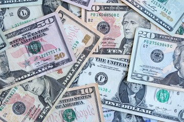 United States of America money banknotes, USD American dollars pile of old and new American money...