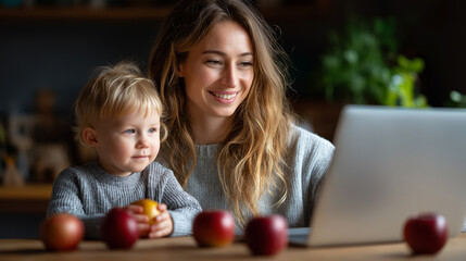 Naklejka premium Smiling woman working with laptop while her son playing with apple at wooden desk in home office, under soft natural light highlighting multitasking and joy, serene workplace scene