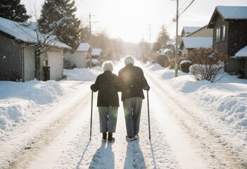 Elderly couple walking together in a snowy residential street during winter sunlight