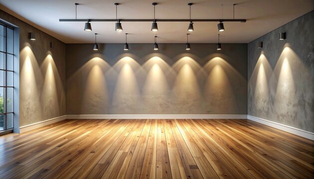 Empty room with wooden floor and seven pendant lights casting cones on concrete wall, minimalist and modern.