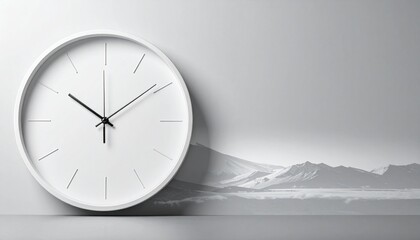Minimalist white wall clock with black hands, angled on flat surface, modern and clean design.