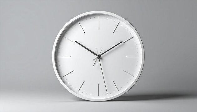 Minimalist white wall clock with black hands, angled on flat surface, modern and clean design.