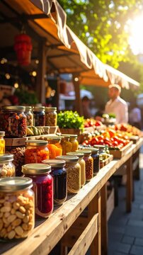 Display of various jars containing vegetables and fruit preserves on a wooden table at a market stall outdoor setting