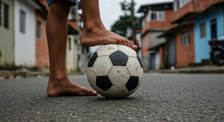A boy's bare feet on a soccer ball in the street.