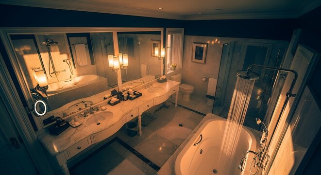 Opulent Hotel Bathroom Interior with Classic Marble Vanity, Dual Sinks, and Dramatic Lighting